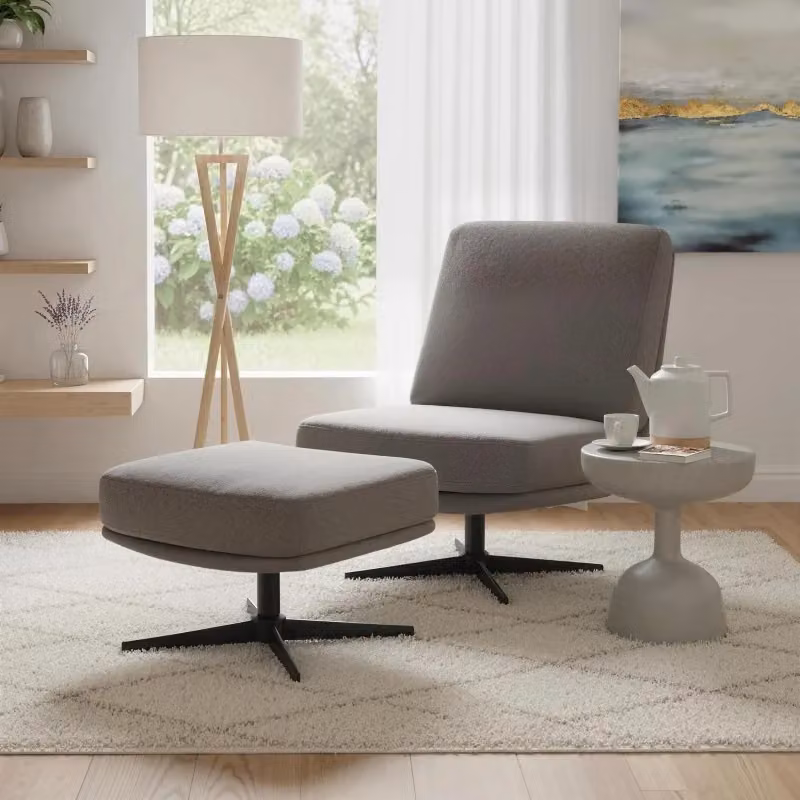 Poltrona girevole relax con pouf WISHDOR, rivestimento in tessuto grigio, design moderno con struttura in metallo – 2