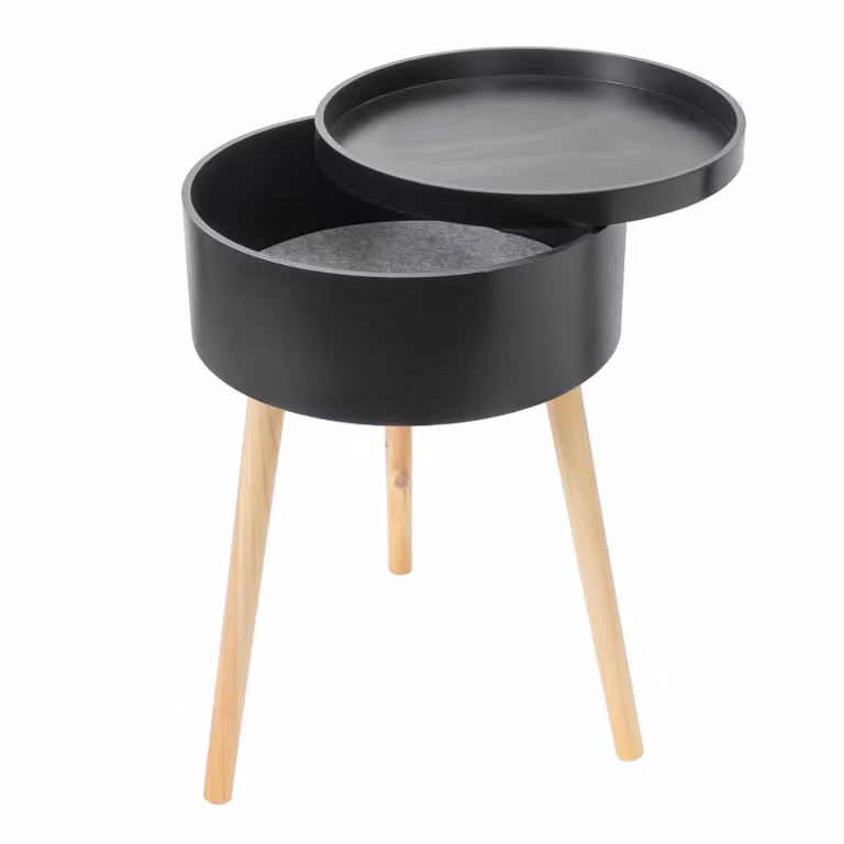 Tavolino rotondo con vano portaoggetti e vassoio in legno | circa Ø 38 x 59 cm | design scandinavo | tavolino a 3 gambe (nero)