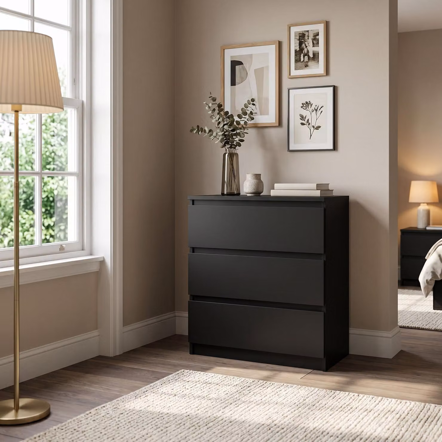 Comodà Masseno NUDO da 70 cm con 3 cassetti e ante, per soggiorno e camera da letto, stile moderno, 70x39x78,5 cm, nero / nero