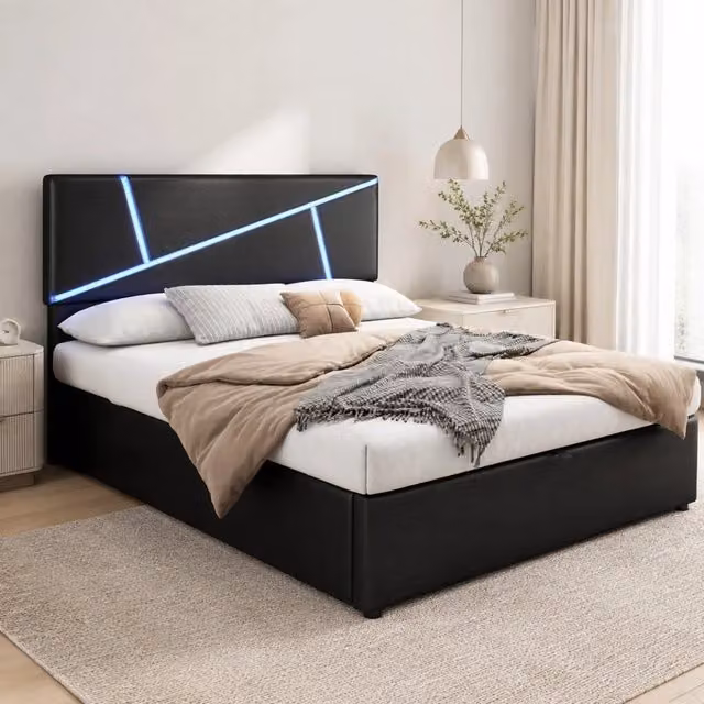Letto Contenitore REDOM in PU Nero con Illuminazione LED e Base a Sollevamento L/P: 140 x 200 cm