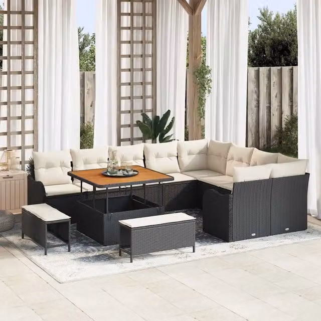 Set Divano da Giardino vidaXL a 11 Posti con Forma a U, Colore Nero e Beige, con Cuscini e Tavolino da Esterno