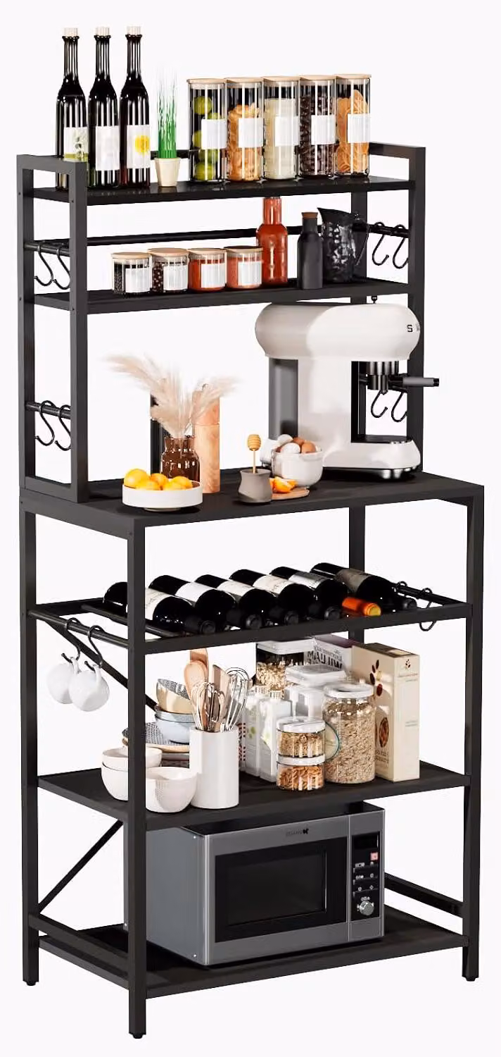 Scaffale per cucina, carrello portaoggetti per la preparazione di dolci, supporto per microonde con ripiani di stoccaggio, postazione per caffetteria in stile industriale, con portabottiglie regolabili e 12 ganci a forma di S