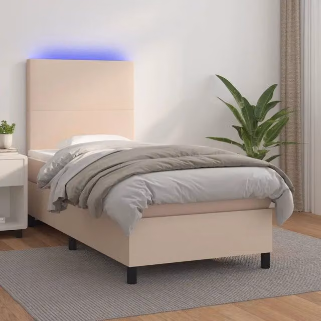 Letto con contenitore a molle e illuminazione LED vidaXL, colore cappuccino, rivestimento in similpelle e tessuto, L/P: 100 x 200 cm