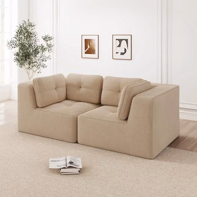 Divano angolare modulare senza struttura rigida in velluto a coste beige