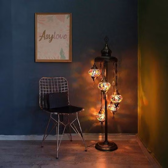 Lampada da terra turca con 5 sfere di vetro mosaico realizzate a mano – Lampada da terra orientale disponibile in molti colori