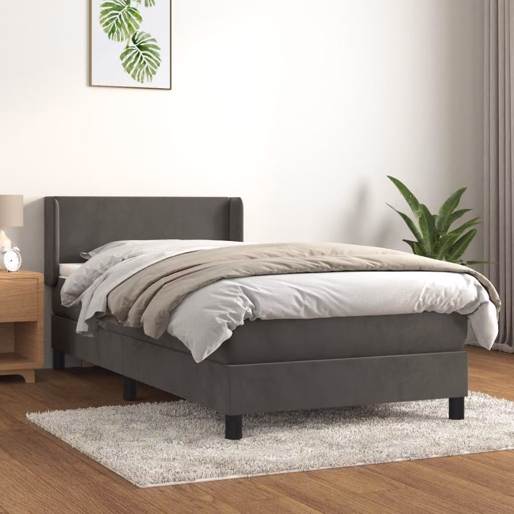 The Living Store Letto a molle con materasso grigio scuro 100x200 cm in velluto