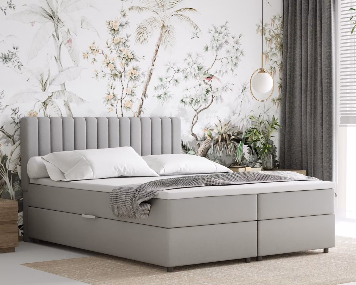Letto boxspring 160x200 EVEREST, con topper, con cassetti, letto matrimoniale, grigio chiaro