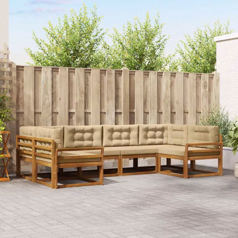 Set di divani da esterno vidaXL a forma di L composto da 6 pezzi in legno di acacia con cuscini beige e marrone