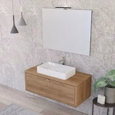 Mobile bagno sospeso Master in rovere color marrone con lavabo e specchio con illuminazione LED L: 110 cm, P: 50 cm, H: 40 cm