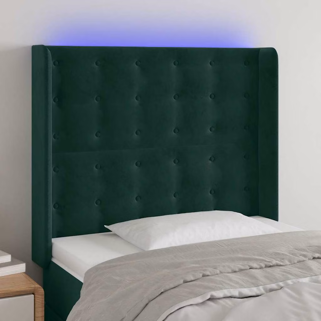 Testiera per letto vidaXL in velluto verde scuro con illuminazione LED integrata e porta di ricarica USB, L: 103 cm, P: 16 cm, H: 118/128 cm