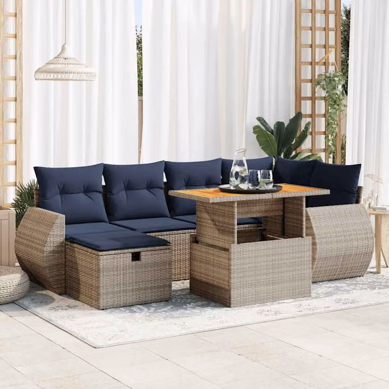 Set di divani da giardino vidaXL in 7 pezzi in polyrattan marrone con cuscini e tavolino da esterno