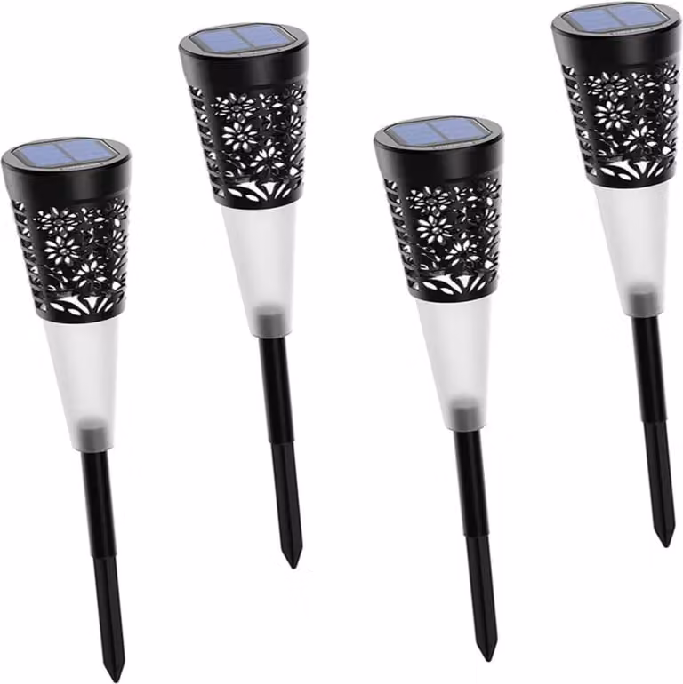 4x Luce solare a LED per giardino con picchetto a terra - Luce d'atmosfera bianco caldo - 5 LED per lampada - Alimentazione solare - Accensione e spegnimento automatici - Plastica - 48 X 8 X 8 Cm - 4 pezzi / set [DA00274]