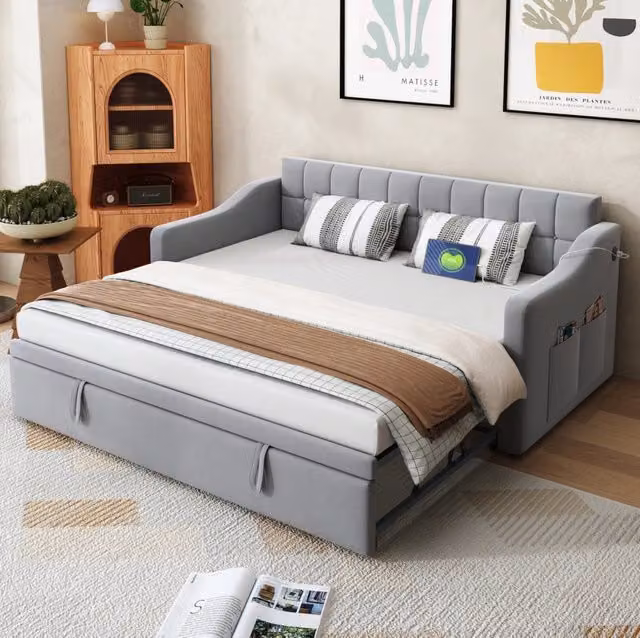 Letto imbottito 90x190 cm estraibile in velluto grigio chiaro