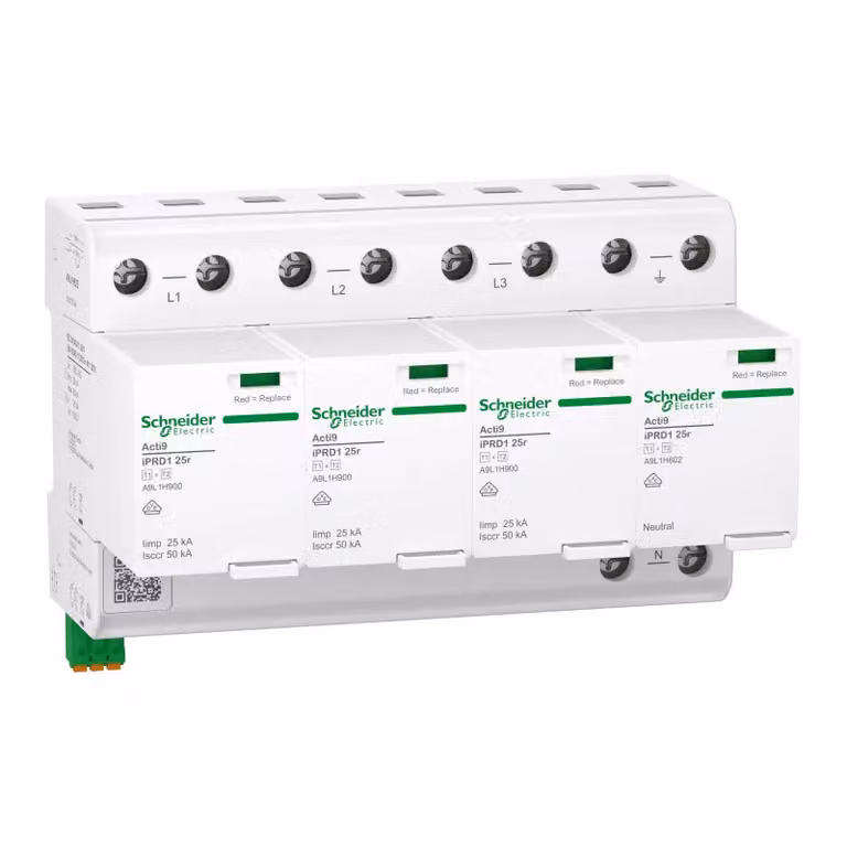 Scaricatore combinato Schneider Electric, Acti9 iPRD1 25r, tipo 1+2, moduli di protezione innestabili, 3P+N, Iimp 25 kA, contatto FM A9L1H625