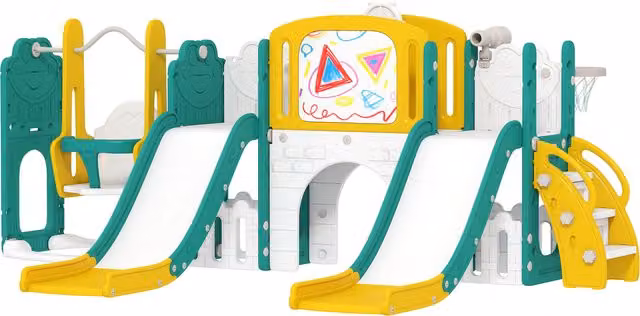 AIYAPLAY Set di Scivoli e Altalene 9 in 1 per Bambini con Design Ranocchio, Giallo e Verde