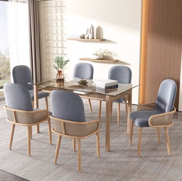Set di 6 sedie da pranzo in velluto e rattan PE grigie con gambe in metallo
