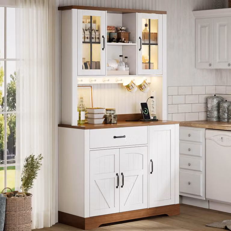 MODFU Mobile da cucina con illuminazione a LED e prese elettriche Mobile contenitore con ripiani regolabili e cassetti Mobile alto con ganci in acciaio inossidabile, bianco naturale