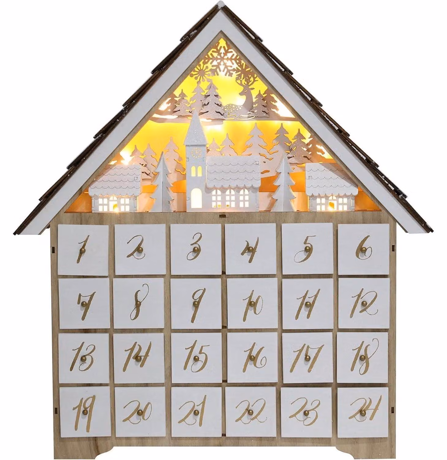 Calendario dell'Avvento in legno con 24 cassetti e luci LED