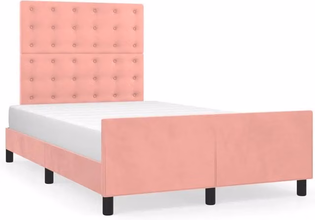 Letto matrimoniale moderno in velluto rosa con struttura in legno e MDF, L/P/H: 120 x 200 x 123 cm