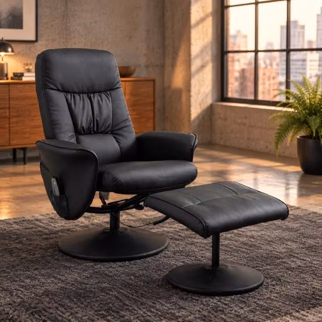 Poltrona relax massaggiante con poggiapiedi in ecopelle nera, 10 punti di vibrazione, 76x81x105 cm