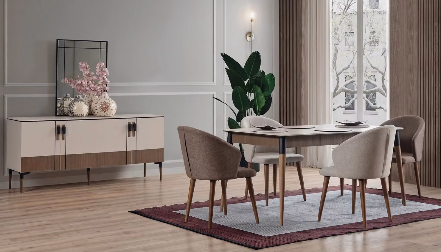 Set per sala da pranzo: tavolo da pranzo, 4 sedie, credenza. Design moderno ed elegante, alta qualità
