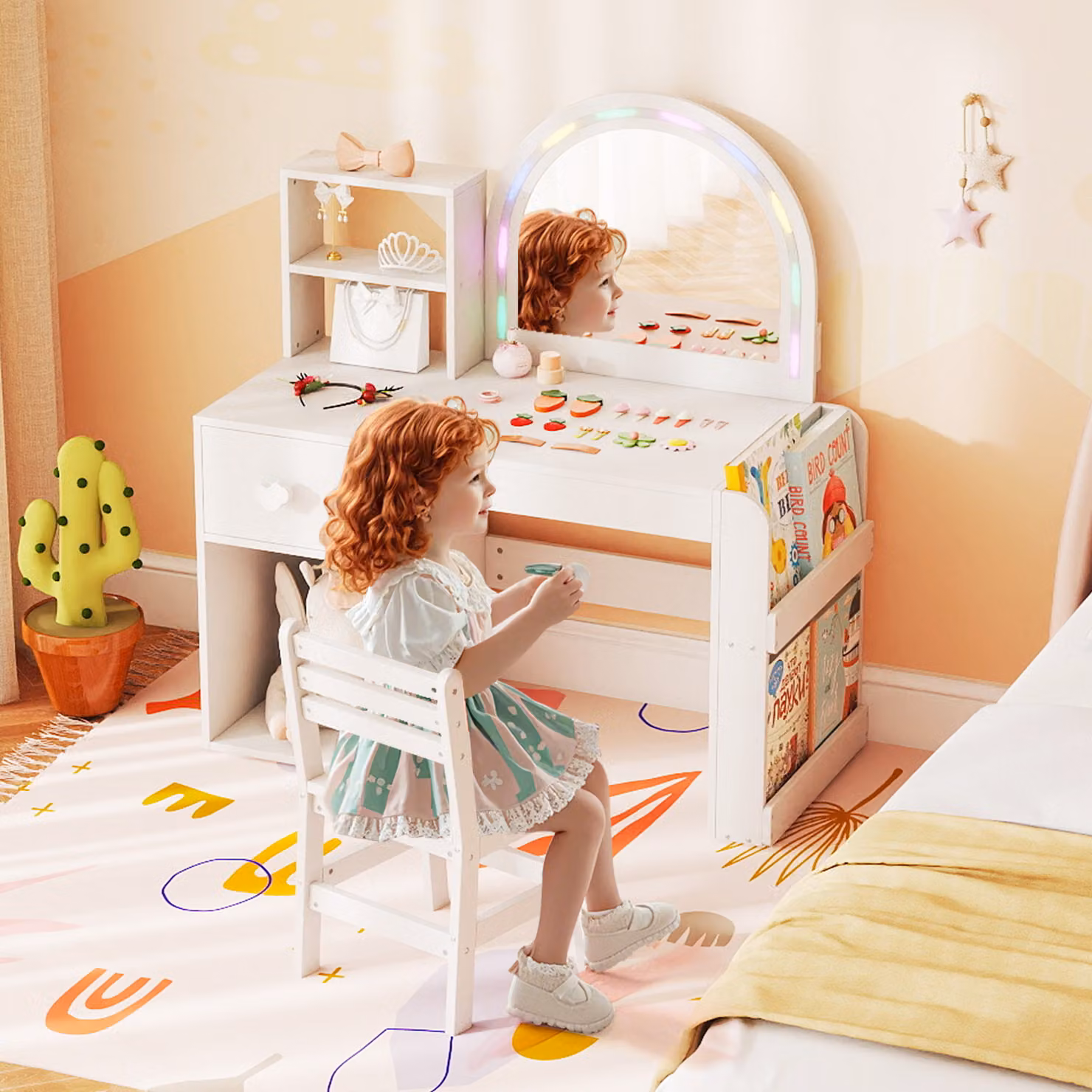 Set tavolo e sedia da principessa Costway per bambini con specchio illuminato e design moderno, Bianco