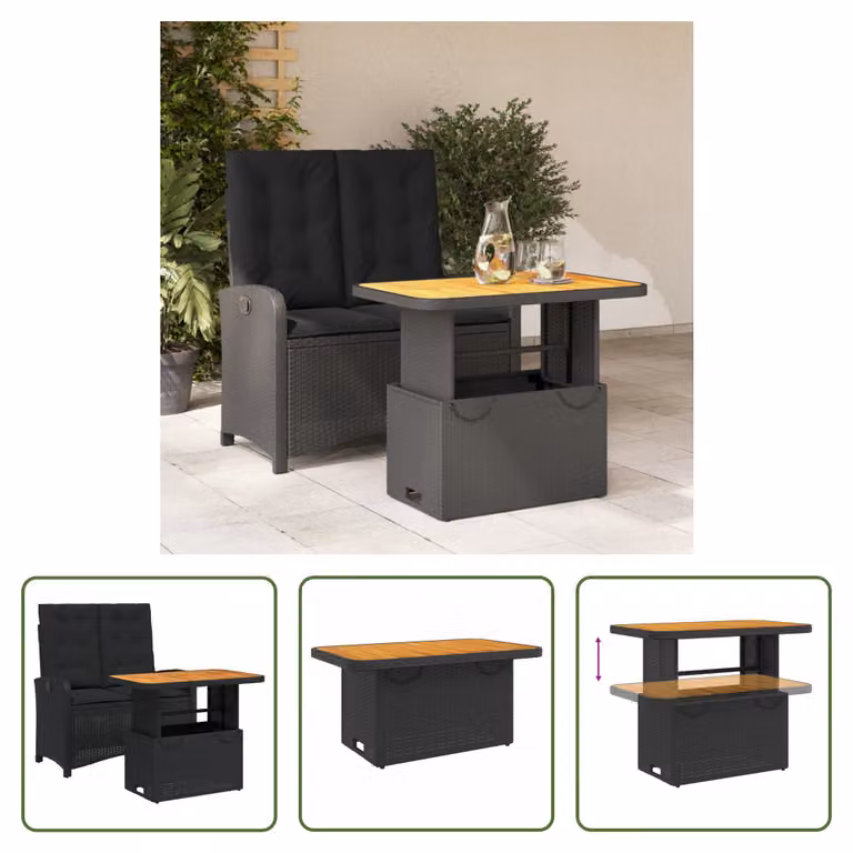 The Living Store Set da pranzo da giardino a 2 pezzi con cuscini in poly rattan nero