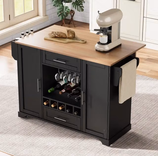 Carrello da cucina ULEVR 138x45/70x92 cm con piano pieghevole, portabottiglie per 9 bottiglie e ruote, nero e naturale