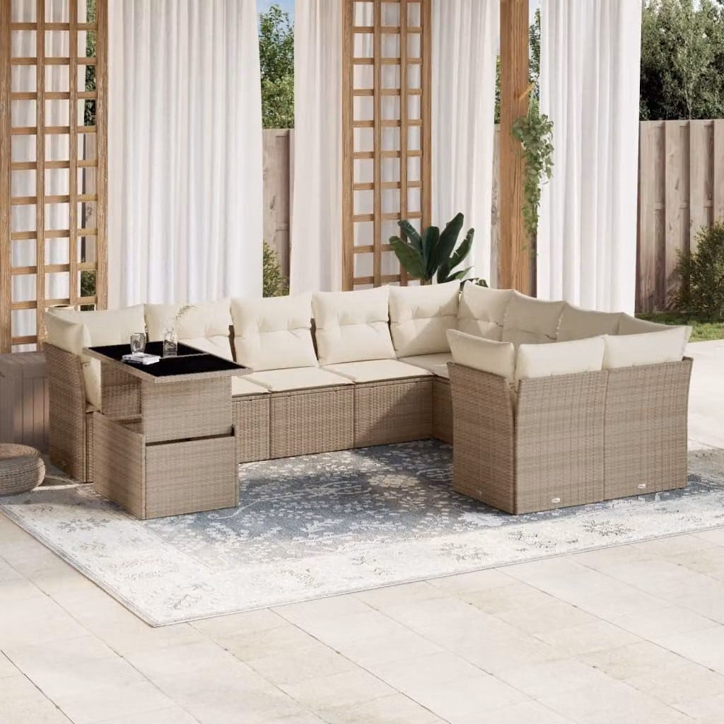 vidaXL Set Divano da Giardino 10 pz a Forma a L con Cuscini Beige e Tavolino in Polyrattan e Acciaio – 1