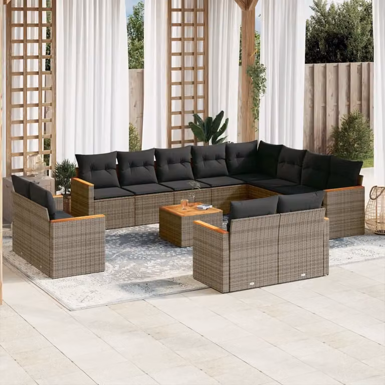 vidaXL Set Divani da Giardino 13 pz in Polyrattan Grigio con Cuscini e Tavolino da Caffè