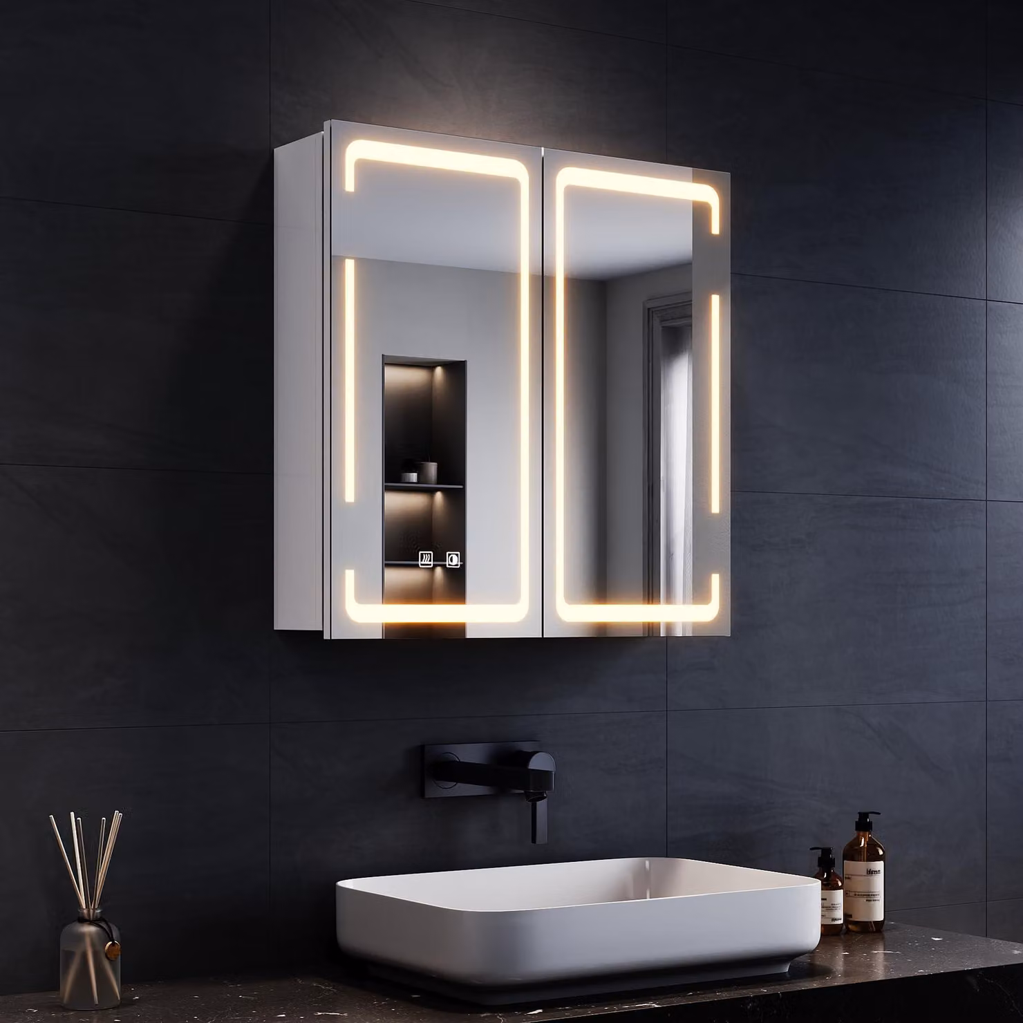 Specchio con illuminazione a LED, dimensioni 59x60 cm, 3 tonalità di luce, dimmerabile, grado di protezione IP44