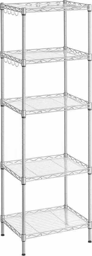 Scaffale da cucina a 5 livelli, scaffale in metallo, scaffale in piedi, scaffale a griglia regolabile in altezza, con pannelli in plastica PP, 8 ganci a S, per cucina, soggiorno, caricabile fino a 100 kg, argento