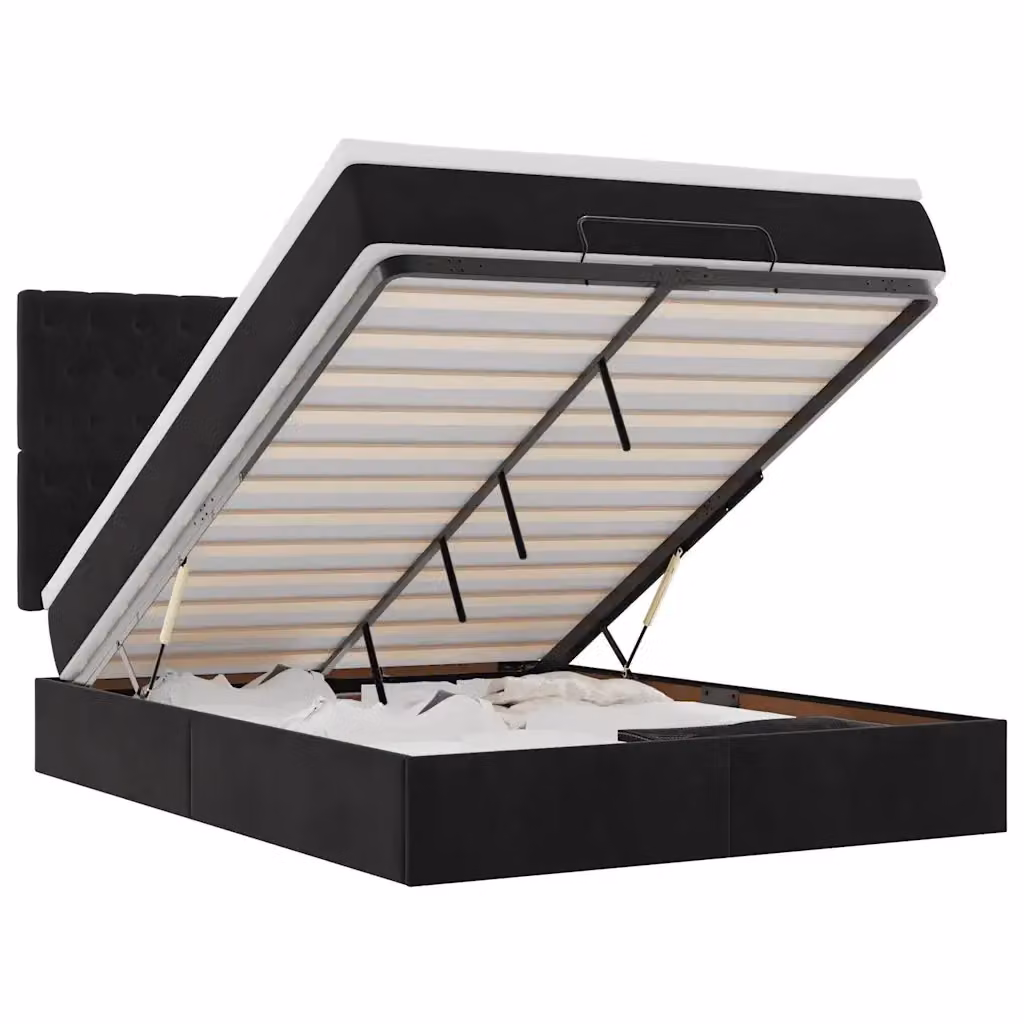 Letto moderno vidaXL in velluto nero e bianco con base contenitore a sollevamento, illuminazione sottostante e porte di ricarica USB, L/P/H: 193 x 144 x 128 cm – 2