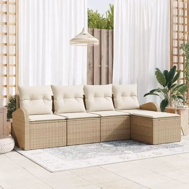Set Divano da Giardino con Ottoman vidaXL Beige, Design Moderno in Polyrattan con Cuscini Inclusi e Rivestimenti Rimovibili