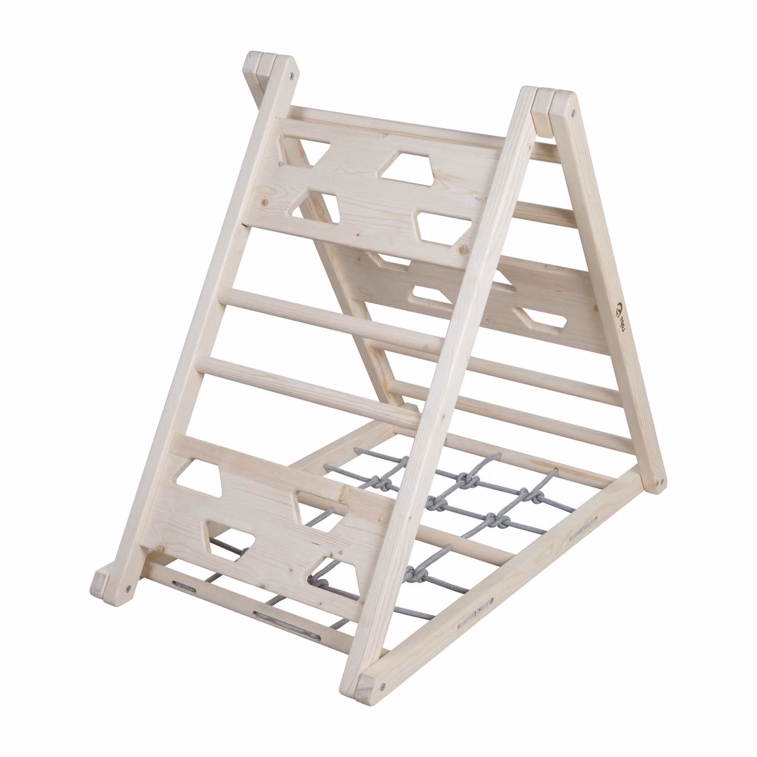 Triangolo da arrampicata indoor in legno roba - Triangolo Pikler Funzione a 3 lati - Pioli, corda da arrampicata e superfici di presa - Per bambini dai 24 mesi in su - Naturale, grigio