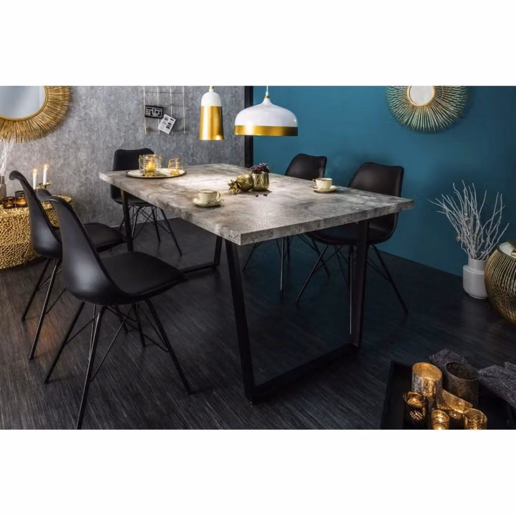 Tavolo da pranzo rettangolare Merax con piano in MDF effetto cemento grigio e struttura in metallo nero, L: 160 cm, P: 77 cm, H: 90 cm – 2