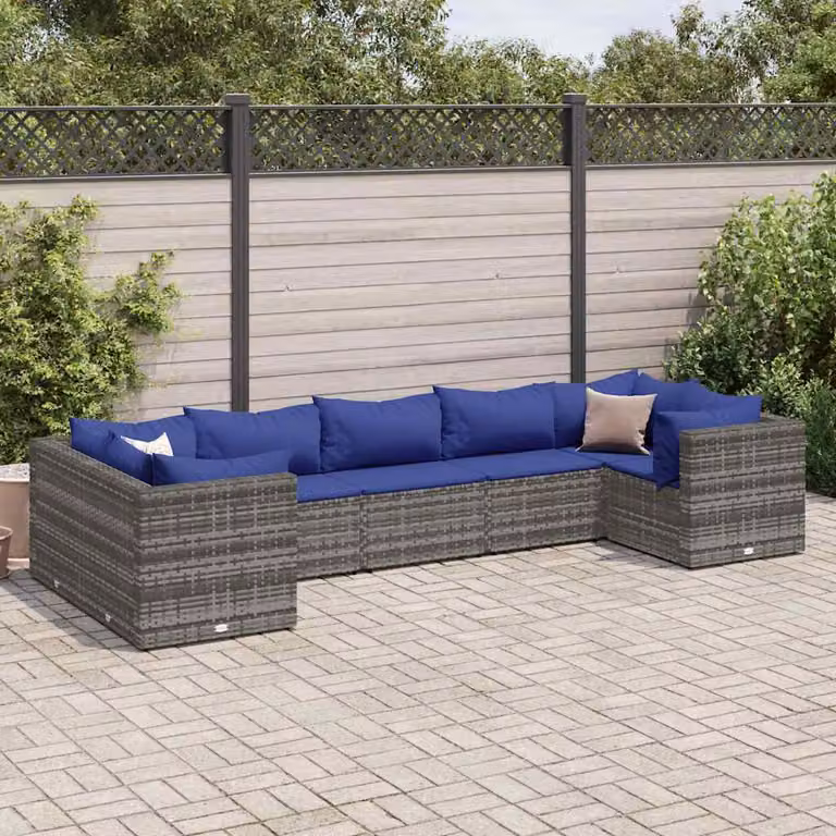 Set di divani da giardino vidaXL 7 pz a forma di L in rattan con cuscini blu e struttura in acciaio grigio