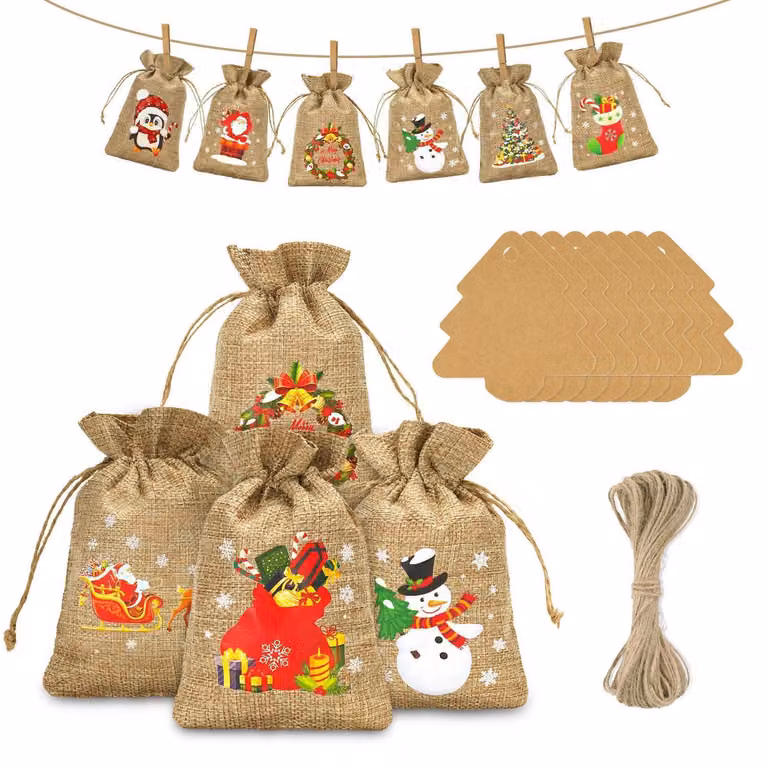 Calendario dell'Avvento con sacchetti di juta, 24 pezzi, dimensioni 13x18 cm, con decorazioni e corda di juta