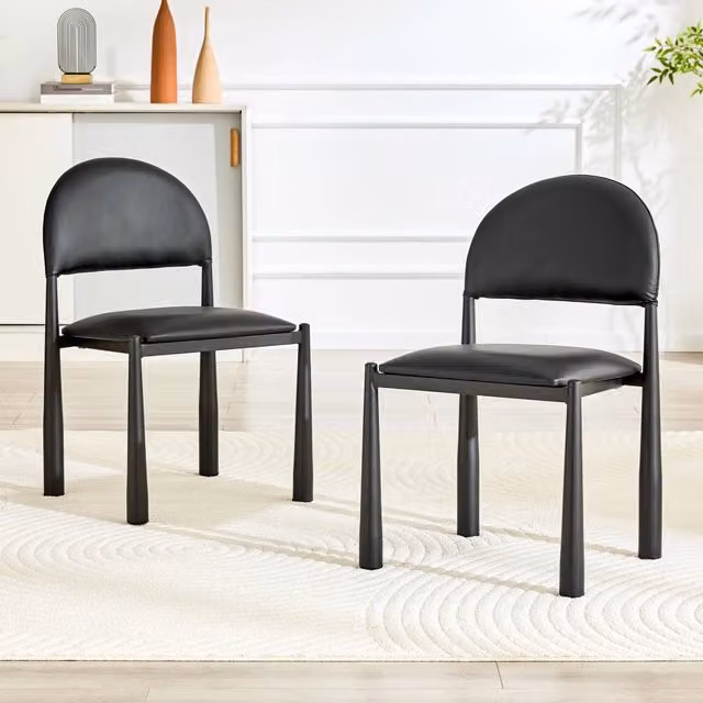 Set di 2 sedie da pranzo moderne WISHDOR in ecopelle nera con schienale semicircolare e struttura in metallo, Altezza: 80 cm