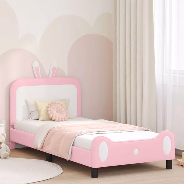 Struttura letto per bambini con testata e giroletto in ecopelle rosa, dimensioni 90 x 190 cm