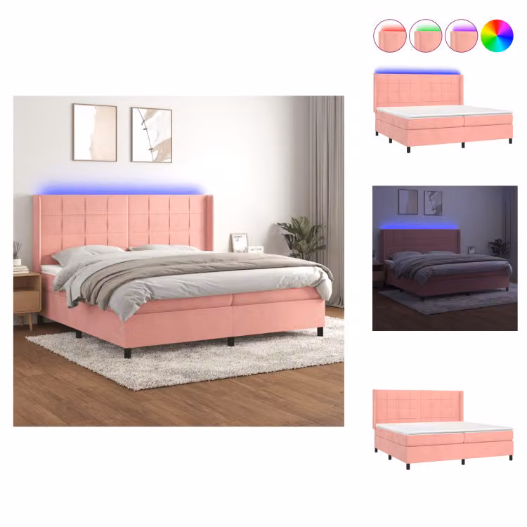 vidaXL Letto a molle con materasso e LED in velluto rosa 200x200 cm - Letti e strutture letto
