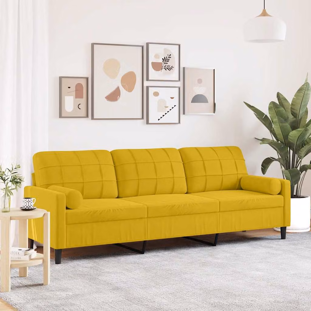 vidaXL Divano a 3 Posti Moderno in Velluto Giallo con Cuscini e Rivestimenti Rimovibili L: 226 cm, P: 80 cm, H: 77 cm