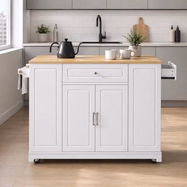 Mobile contenitore da cucina OKWISH bianco con piano estensibile, prese elettriche e vano rifiuti L: 131.8 cm, P: 40-70 cm, H: 93.3 cm