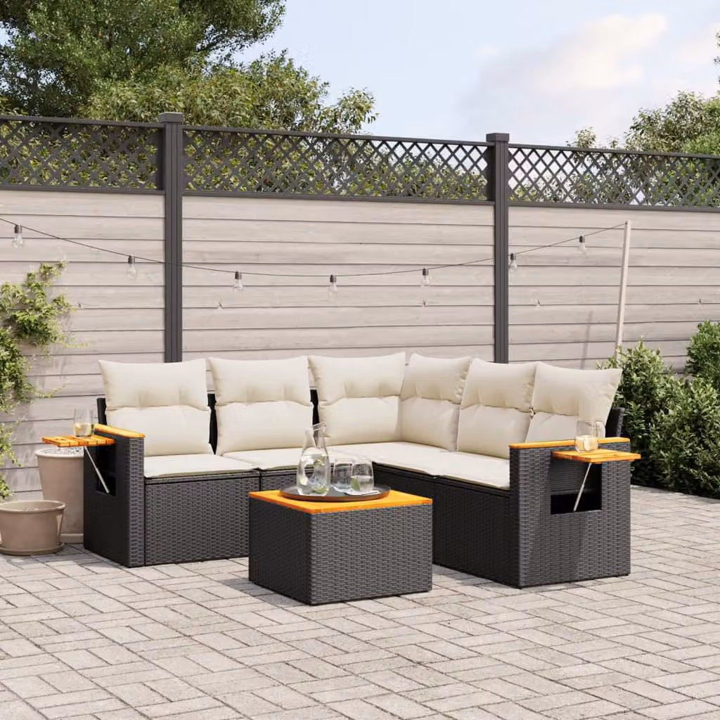 Set Divano da Giardino 6 pz vidaXL in Polyrattan Nero con Cuscini e Tavolino da Esterno – 1