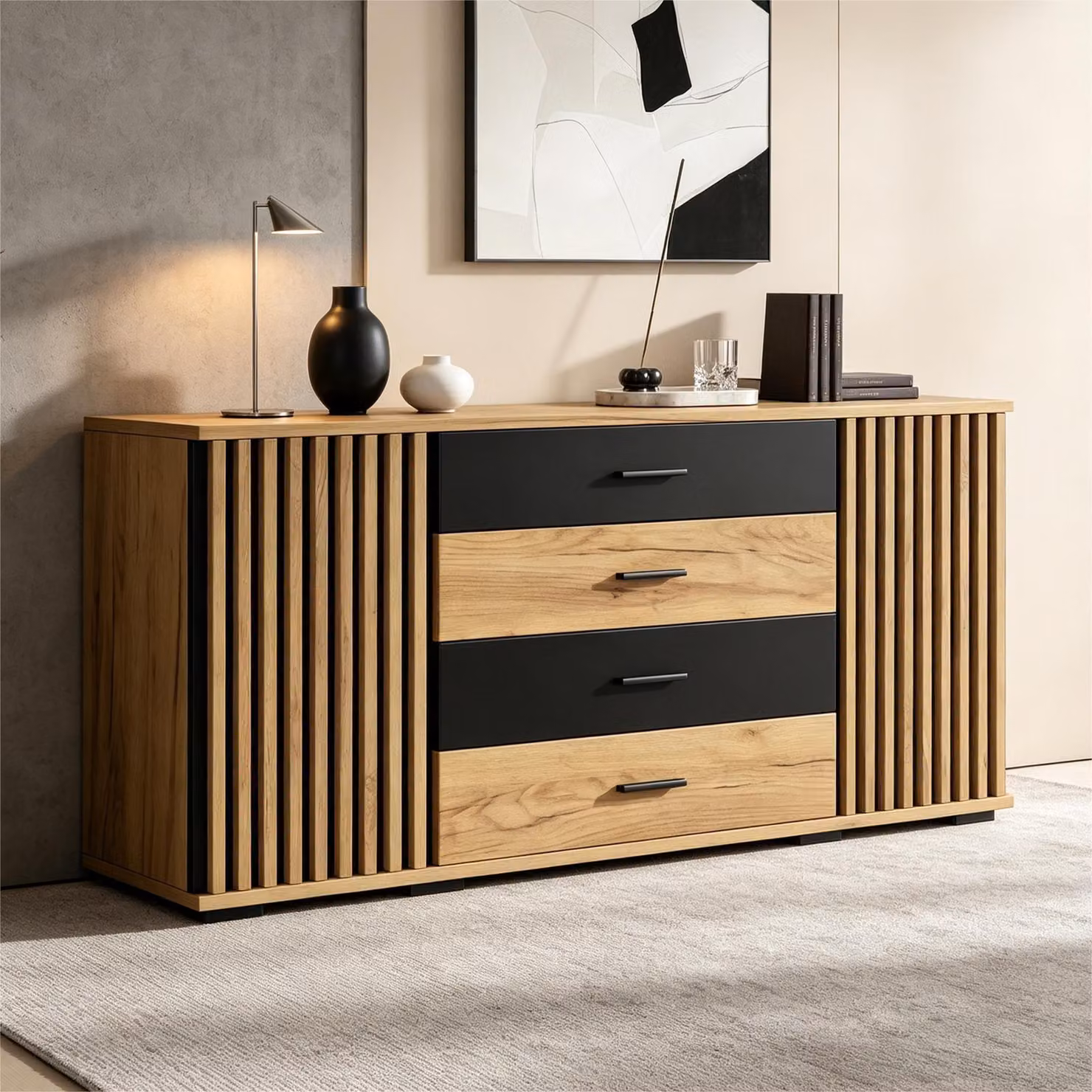 Mobile contenitore laterale Merax in MDF con 4 cassetti e 2 ante, finitura effetto venatura, contenitore per ripostiglio, comò con ripiani interni regolabili, ideale per il soggiorno, finitura noce nero