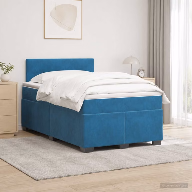 Letto con Box Spring vidaXL in Velluto Blu e Bianco con Illuminazione LED e Porta USB, L/P: 120 x 200 cm