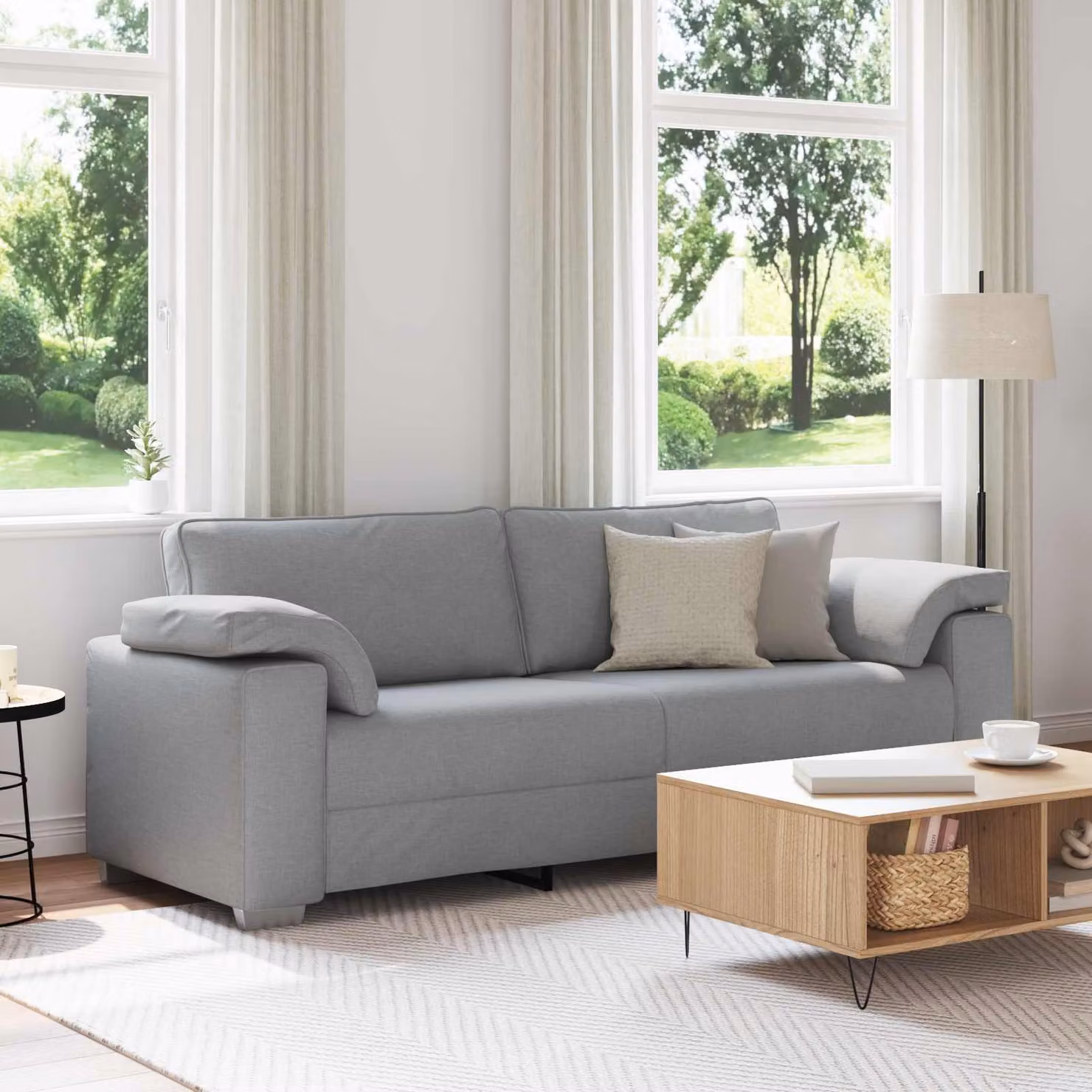 Divano 3 posti moderno vidaXL in tessuto grigio con cuscini, L: 219 cm, P: 82 cm, H: 77 cm