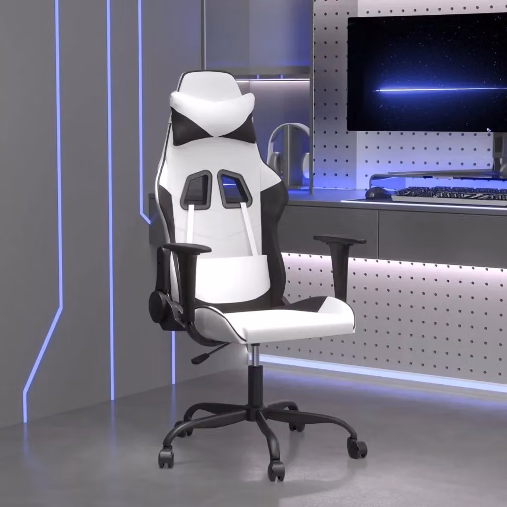 Sedia da Gaming Bianco e Nero in Similpelle con Poggiatesta e Ruote, Regolabile e Girevole 360° – 2