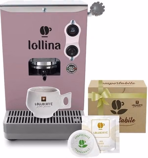 Macchina da caffè espresso a cialde Lollo Caffè Nuova Lollina+ Lillador colore rosa con 40 cialde miscela oro