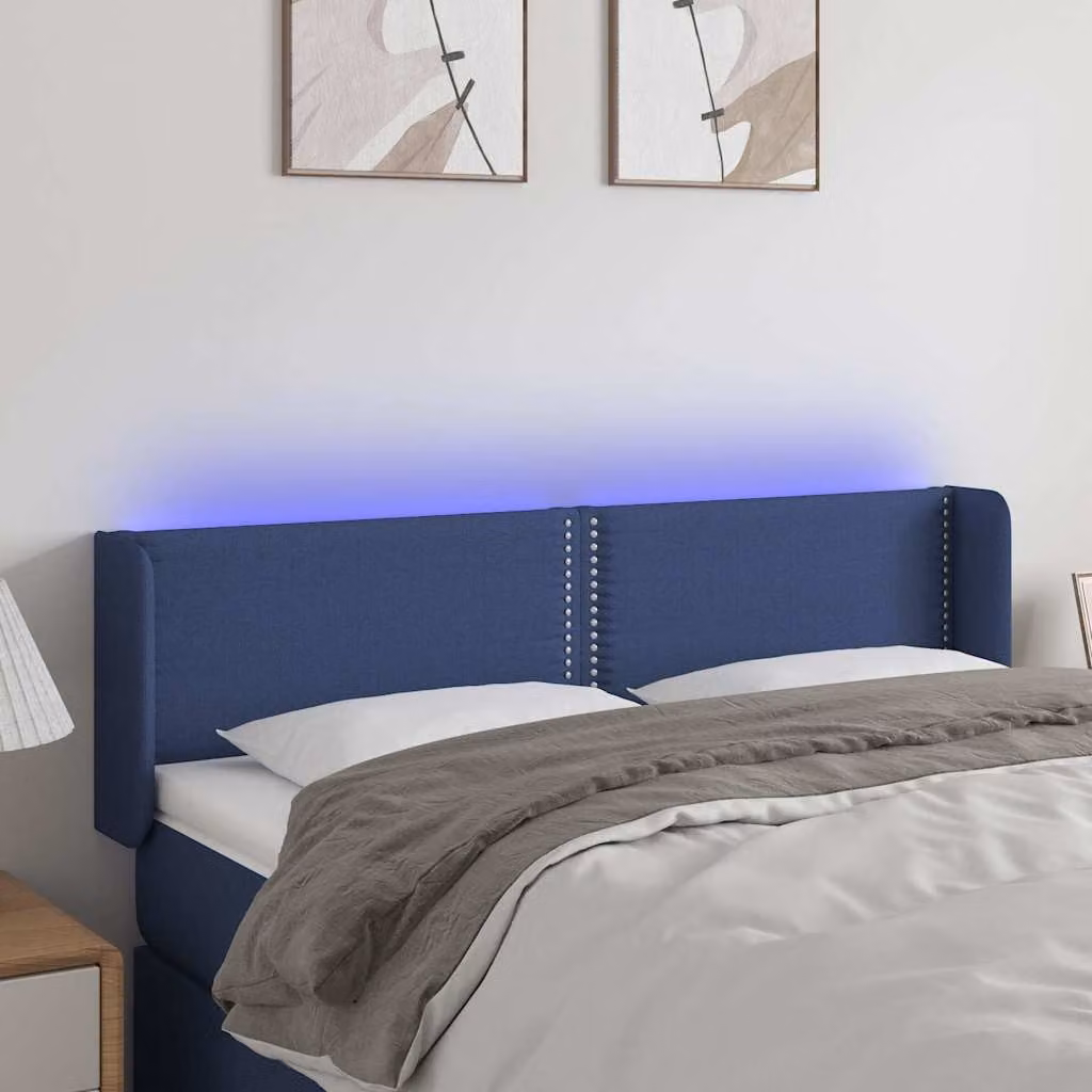 Testiera per letto vidaXL in tessuto blu con illuminazione LED e porta di ricarica USB, L: 147 cm, P: 16 cm, H: 78-88 cm
